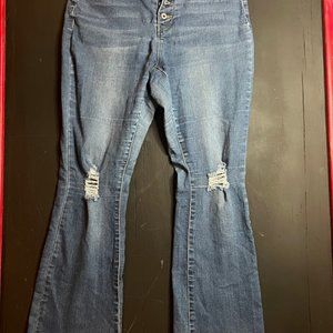 California Vintage Women 16 Denim Blue Flared Button Fly Distressed Jeans